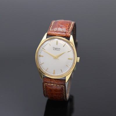 DUGENA Armbanduhr in GG 585/000, Schweiz um 1960, Automatik, 3-tlg. Geh., verschr. Glasboden später, silb. Zifferbl. rest., gold. Indizes u. Zeiger, ...