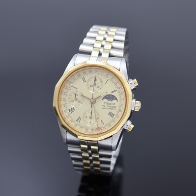 TISSOT PR 100 Herrenchronograph in Stahl/ vergoldet, Schweiz um 1980, Automatik, verschr. Geh., 12-eckig facettierte Lünette, orig. Band m. ...