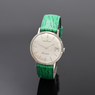ETERNA-MATIC Centenaire Armbanduhr in Stahl, Schweiz um 1965, Automatik, flaches 3-tlg. Geh., Boden u. Glasrand aufgedr., silb. Zifferbl. rest., ...
