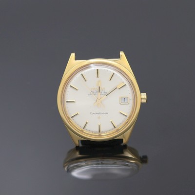 OMEGA Constellation vergoldete Armbanduhr, Schweiz um 1968, Automatik, 2-tlg. Geh. ohne Band, rücks. Verglasung später, silb. Zifferbl. m. aufges. ...