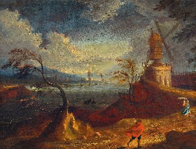 Niederländischer Künstler des 18.Jh., niederländische Küstenlandschaft mit Windmühlen und Personenstaffage, Öl/Lwd, rest., 62x80 cm, Rahmen ...