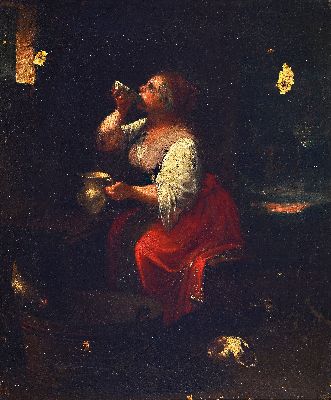 Unbekannter Künstler des 18.Jh., Interieur mit Magd beim Milch trinken, stark beschädigt unsigniert, 46 x 38 cm, R. 60 x 50 cm