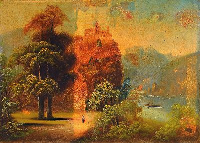 Unbekannter Künstler der Mitte des 19.Jh., Rheinlandschaft mit Blick auf eine Burg, unsigniert, Öl/Lwd, Rahmen 56x74 cm