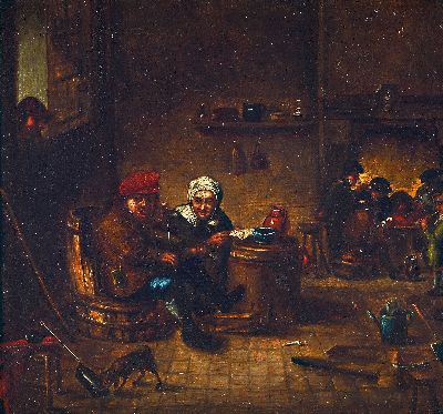Unbekannter Künstler, Niederlande, 18. Jh., Wirtshausinterieur, Öl/Lwd, restauriert, 36x39cm, Rahmen 47x49 cm
