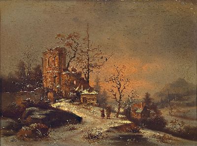 Unbekannter Künstler des späten 19.Jh., verschneite Winterlandschaft mit Ruine, verso bez. "Schloß Colmberg, links unten unleserlichsigniert ...