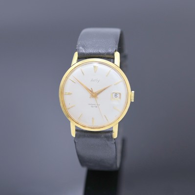 ARLY Armbanduhr in GG 750/000, Schweiz um 1960, Automatik, Boden aufgedr., silb. Zifferbl. m. gold. Std.-Ind., gold. Zeiger, Datum b. 3, verg. Werk ...
