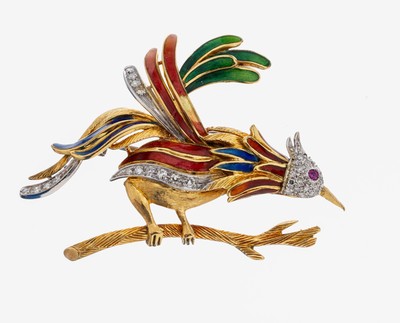18 kt Gold Diamant-Brosche mit Email, GG/WG750/000, Darstellung eines Vogels auf Ast, 30 8/8-Diamanten zus. ca. 0.50 ct Weiß/si, Körperund Flügel ...