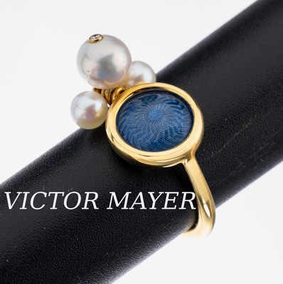 18 kt Gold VICTOR MAYER Perl-Ring, GG 750/000, limitierte Edition 12/500, Grund guillochiert und blau emailliert, 3 weiße Zuchtperlen, RW 54, ca. ...