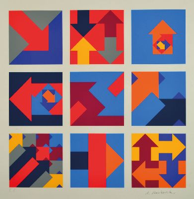 Anton Stankowski, 1906 - 1992,, "Pfeile", Folge von 9 Pfeilabbildungen auf einem Blatt, Farbsiebdruck, mit Bleistift handsigniert, E.A, ca. ...