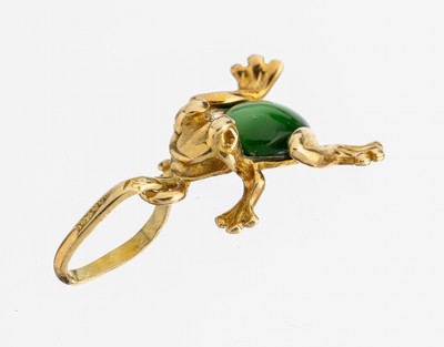 14 kt Gold Farbstein-Anhänger "Frosch", GG 585/000, plastische Darstellung eines Frosch, Körper mit grüner Synthese, ca. 4.2 g