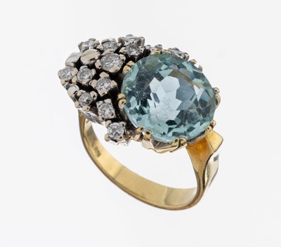 14 kt Gold Aquamarin-Brillant-Ring, GG/WG 585/000, rundfacett. Aquamarin ca. 5.80 ct, 13Brillanten zus. ca. 0.50 ct feines Weiß/vvs, RW 53, ca. 10 ...