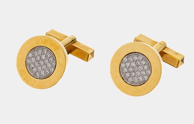 Paar 18 kt Gold Brillant-Manschettenknöpfe, GG/WG 750/000, schlicht, rund, 46 in WG gefasste Brillanten zus. ca. 0.55 ct Weiß/si, ca. 19.1 g