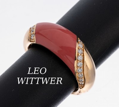 18 kt Gold LEO WITTWER Email-Brillant-Ring, GG 750/000, rosa emaill., 18 Brillanten zus. ca. 0.14 ct (grav.) Weiß/si, RW 55.5, ca. 9.7 g