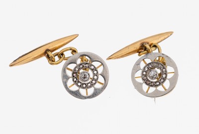 Paar Gold Diamant-Manschettenknöpfe um 1900, GG 750/000 und Platin (gepr.), reiner Jugendstil, Altschliffdiamanten und Diamantrosen zus. ca. 0.18 ...