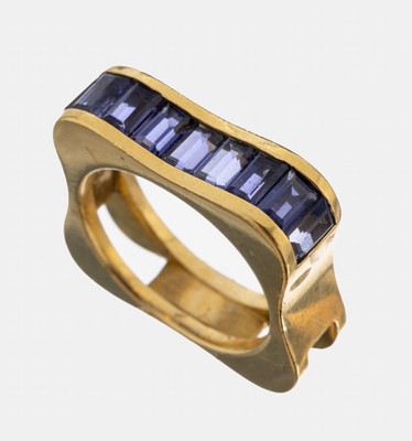 Ausgefallener 18 kt Gold Iolith-Ring, GG 750/000, quadratische Ringschiene, Iolith- Baguettes zus. ca. 1.82 ct, RW 57, ca. 13.2 g,Meistermarke unged.