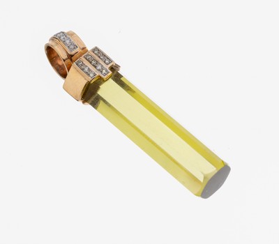 14 kt Gold Brillant-Heliodor-Anhänger, GG 585/000, facett. Heliodor-Stab ca. 30.0 ct, 15Brillanten zus. ca. 0.15 ct Weiß/si, L. ca. 5 cm, ca. 12.2 ...