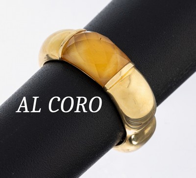 18 kt Gold AL CORO Citrin-Ring, gewellte Ringschiene, facett. Citrin ca. 2.0 ct, innen mit Aussparungen in Form von Mond, Sterne und Herzen, RW 54, ...