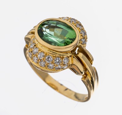 18 kt Gold Peridot-Brillant-Ring, GG 750/000, ovalfacett. Peridot ca. 2.0 ct, Brillanten zus. ca. 0.50 ct Weiß/si, RW 59, ca. 8.7 g