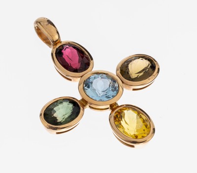 18 kt Gold Farbstein-Kreuzanhänger, GG 750/000 gepr., mittig rundfacett. Aquamarin ca. 3.20 ct, facett. Farbsteine, Citrine, Peridot, Turmaline und ...