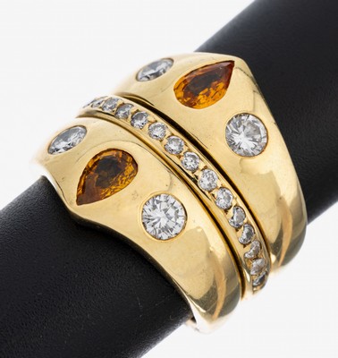 18 kt Gold Saphir-Brillant-Ring, GG 750/000, qualitätvolle Verarbeitung, 2 gelbe Saphir-Tropfen zus. ca. 2.0 ct, 23 Brillanten zus. ca. 1.40 ct ...