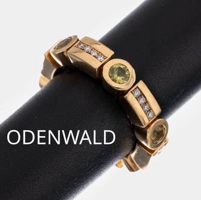 18 kt Gold ODENWALD Saphir-Brillant-Ring, GG 750/000, 6 rundfacett. gelbe Saphire zus. ca. 1.20 ct, 24 Brillanten zus. ca. 0.24 ct Weiß/si, RW 53, ...