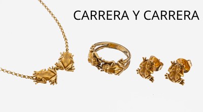 18 kt Gold CARRERA Y CARRERA Schmuckset "Frösche", GG 750/000, best. aus: Ring, RW 52, Paar Ohrstecker und 1 Collier, L. ca. 45 cm, ...