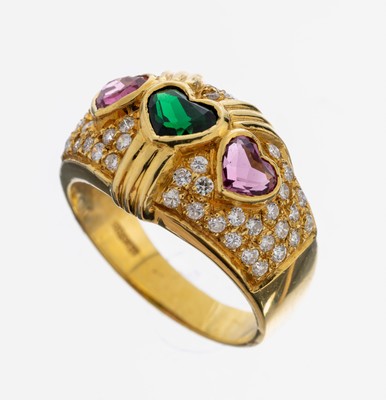 18 kt Gold Turmalin-Brillant-Ring, GG 750/000, 3 facett. Turmalin-Herze zus. ca. 1.35 ct, 42 Brillanten zus. ca. 0.58 ct Weiß/si-p, RW 56, ca. 6.9 g