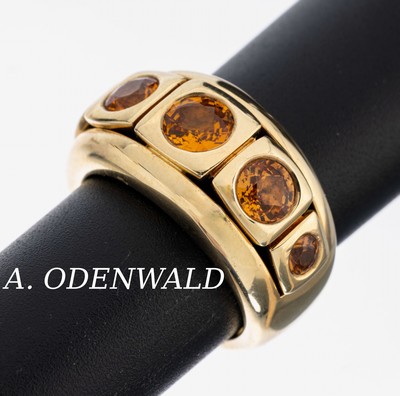 18 kt Gold ODENWALD Saphir-Ring, GG 750/000, 5 rundfacett. gelbe Saphire zus. ca. 2.64 ct (grav.), RW 56, ca. 18.2 g, sign.