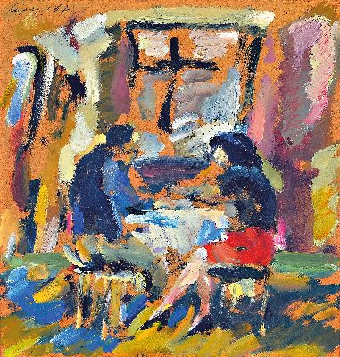 Jürgen Leippert, geb. 1944, Paar im Café, Öl/Hartfaser, links oben sign. und dat. 87, ca. 20x20cm, R. ca. 24x24cm