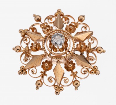 14 kt Gold Diamant-Brosche, um 1870, RG 585/000, architektonischer Aufbau in mehreren Ebenen, mittig erhöht 1 Altschliffdiamant ca. 0.33 ct ...