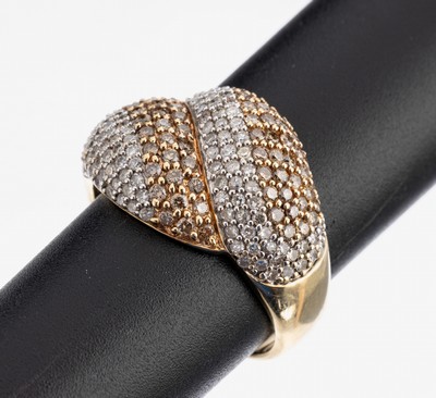 14 kt Gold Diamant-Ring, GG 585/000, 74 Brillanten zus. ca. 0.70 ct Braun/p, 106 8/8- Diamanten zus. ca. 0.50 ct Weiß/p, RW 66, ca. 7.5 g