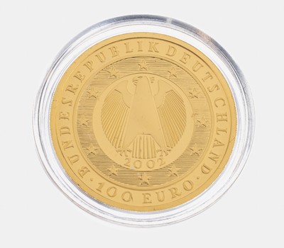 100 Euro Goldmünze, 2002, GG 999/000, 1/2 Unze 15.55 g, Übergang zur Währungsunion, PP, Münzkapsel, Auflage 500000, orig. Etui und ...