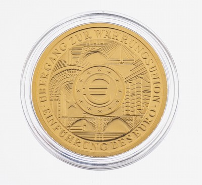 100 Euro Goldmünze, 2002, GG 999/000, 1/2 Unze 15.55 g, Übergang zur Währungsunion, PP, Münzkapsel, Auflage 500000, orig. Etui ...