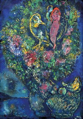 Marc Chagall, 1887-1985, Früchte und Blumen,12-Farben Granolithographie nach einem Gemälde von 1949, Ed. ars mundi, mit Zertifikat, ca. 66x46cm, ...
