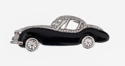 18 kt Gold Brillant-Onyx-Brosche "Oldtimer", WG 750/000 gepr., plastische Seitenansicht,59 Brillanten zus. ca. 0.28 ct Weiß/si, ...