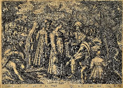 Johannes Stradanus, 1523 - 1605, vier Kupferstiche, Markt, Jagdszenen, leichte Altersspuren, unter Glas gerahmt, je gesamt ca. 54x43 cm