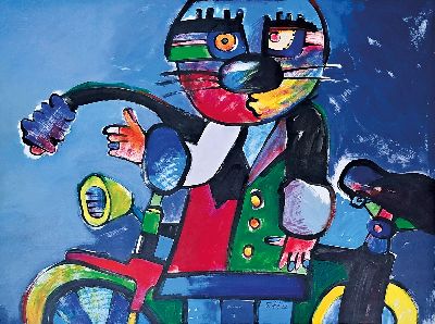 Otmar Alt, geb. 1940, großformatiges Aquarell, Katze mit Fahrrad, signiert und dat. 92, ca. 56 x 75 cm, unter Glas, Rahmen min. best.