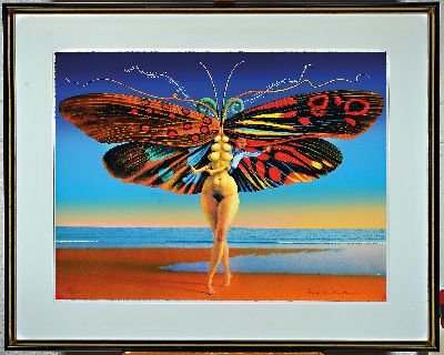 Rudolf Hausner, 1914 - 1995, Farblitho, Schmetterlingsfrau, num. 14/300, handsigniert re. u., ca. 60 x 80 cm, PP., unter Glas, Rahmen ca. 85 x 106 cm