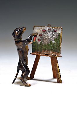 Wiener Bronze, Dackel malt Prater, sign. Austria Wasserkrug, H.ca. 7 cm, bunt staffiert