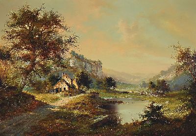 Karl Heinz Stienen, 1929 Duisburg-2000 Homberg, Schüler von Prof. Pozsony und Prof.Notze, hier: ideale Landschaft mit Gewässer, Schlucht, ...