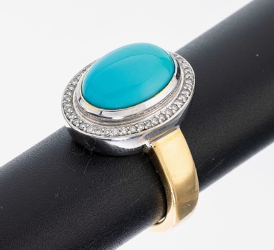 18 kt Gold Türkis-Brillant-Ring, GG/WG 750/000, qualitätvolle Verarbeitung, WG- Ringkopf, ovaler Türkis-Cabochon, umgeben von 44 Brillanten zus. ...