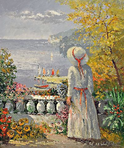 Prof. August Alexander Wendehals, 1934-2003 Ossendorf, Junge Frau blickt von der Terrasse aufs Meer, Öl/Lwd, rechts unten sign., ca. 60x50cm, R. ca. ...