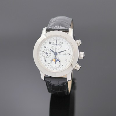 GUINAND Armbandchronograph mit Vollkalender, Schweiz um 2005, Automatik, beids. vergl. Edelstahlgeh., Boden u. Krone verschr., Korrekturdr. für Tag ...
