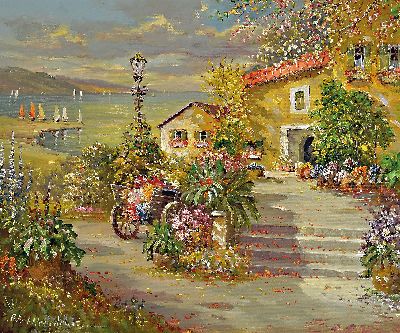 Prof. August Alexander Wendehals, 1934-2003 Ossendorf, Blick auf eine südliche Terrasse am Meer, Öl/Lwd, links unten sign., ca. 50x60 cm, R. ca. ...