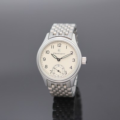 CHRONOSPORT Herrenarmbanduhr in Stahl, Schweiz um 2005, Handaufzug, Boden verschr., matt. Geh., neutr. Stahlband m. dopp. Faltschl., silb. Zifferbl. ...