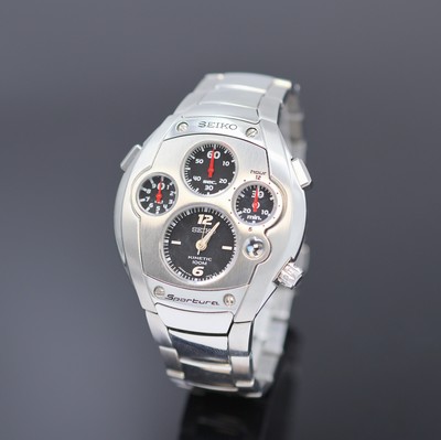 SEIKO Kinetic Sportura Herrenarmbanduhr mit Chronograph Referenz 9T82-0AC0, Japan 1990er Jahre, Automatik-Generatorprinzip, massiv Edelstahlgeh. ...