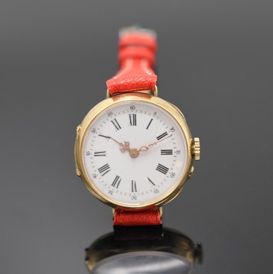 Taschenuhr in GG 750/000 umgebaut zur Armbanduhr, Schweiz um 1910, Geh. dell., guill. Rückdeckel m. Monogrammspiegel, Goldcuvette, neutr. Lederband ...