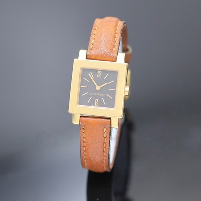 BULGARI Quadrato Damenarmbanduhr in GG 750/000 Referenz SQ 22 GL, Schweiz um 2010, quarz, massives Goldgeh., Boden 4-fach verschr., schwarzes ...