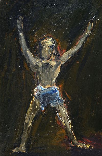 Wiking Svensson, 1915-1979, Schweden, stehende Figur mit aufgestreckten Armen, Öl/Lwd, pastoser Farbauftrag, rückseitig signiert, ca. 54x36cm, R. ...