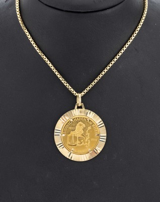 14 kt Gold Medaillen-Anhänger, GG 585/000, lose gefasste Medaille, GG 986/000, Ludwigshafen am Rhein, schlichte Fassung, D. ca. 3.6 cm, an Kette, ...